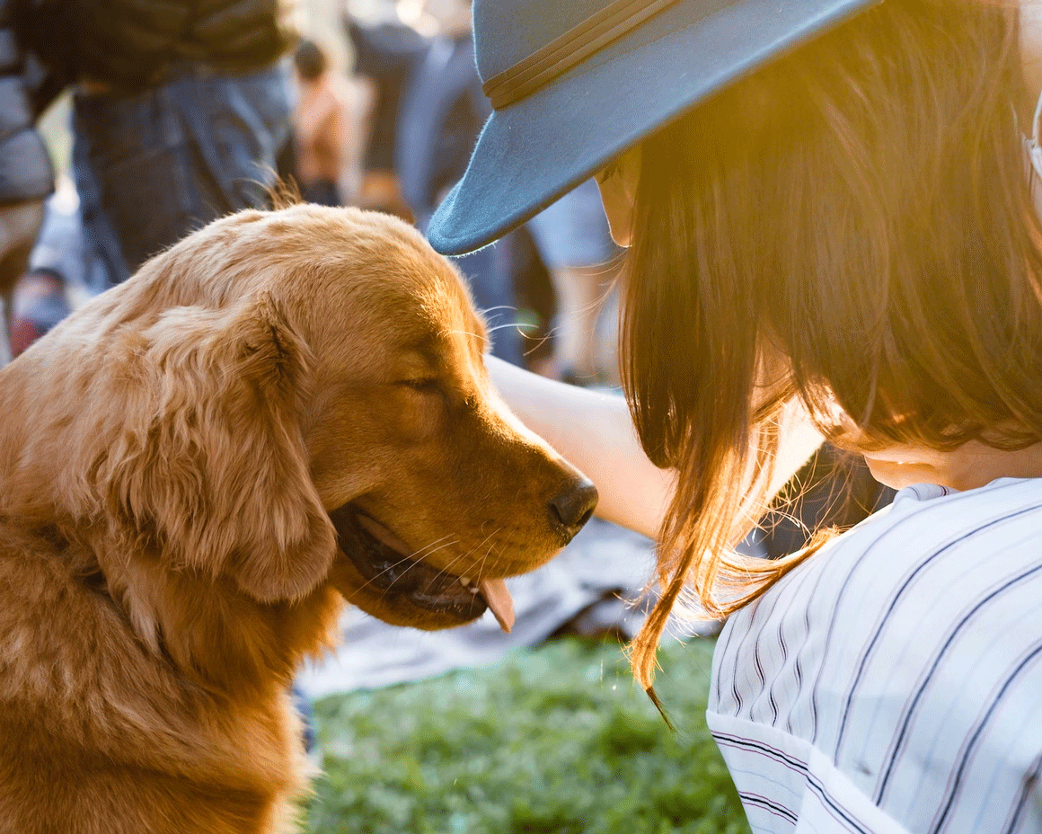 A lady with hat sit in front of a dog